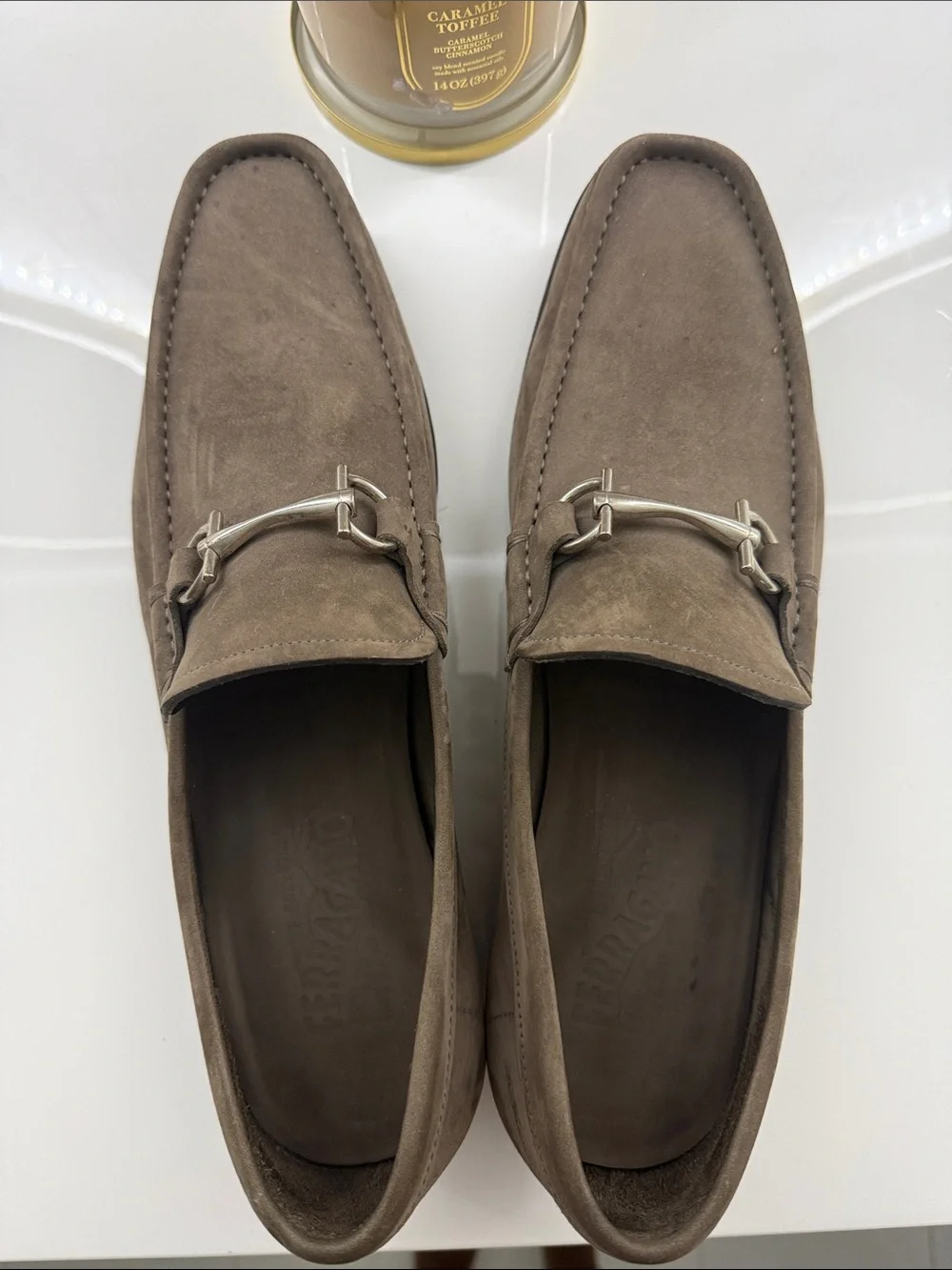 Taupe Ferragamo Suede Bit Loafers - Sleek Slip-On Dress Loafer